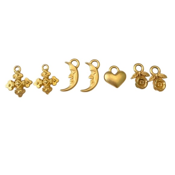 Vintage Jewelry - Vintage 1990’s brushed gold-tone set of 7 charms half moon, flower heart & cross